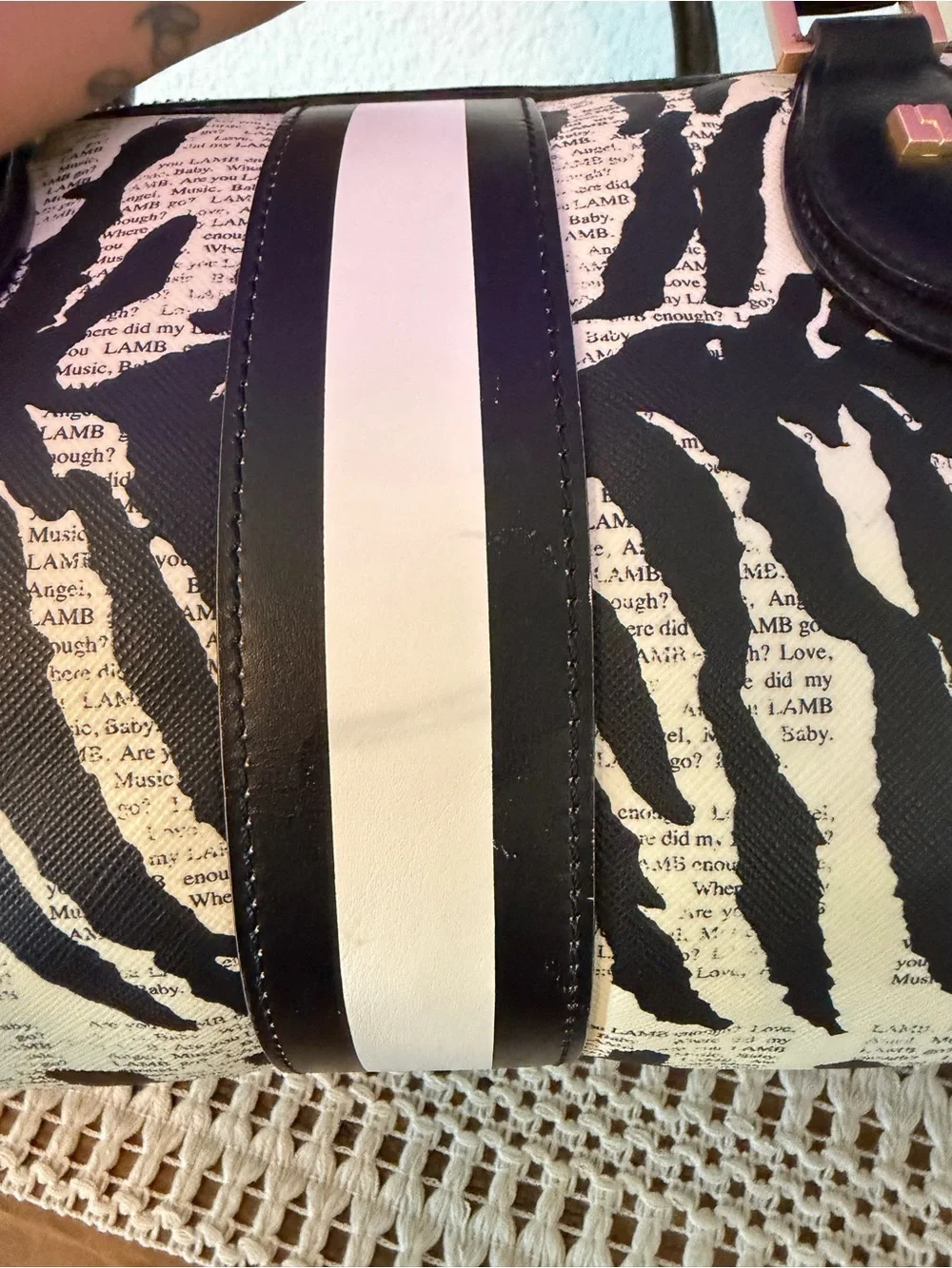 L.A.M.B. Black and White Zebra Stripe Satchel with Gold Plaque